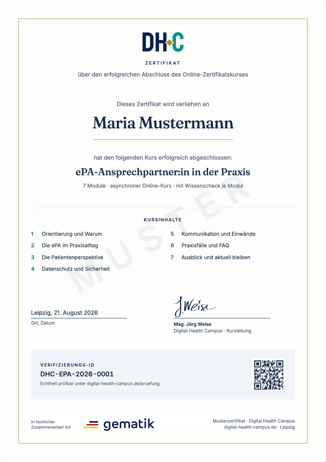 Musterzertifikat ePA-Ansprechpartner in der Praxis – Digital Health Campus